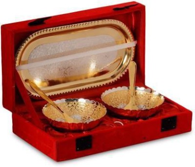 Revive by Revive Pack of 5 Silver Plated, Gold Plated Pack of 5 Gold and Silver Plated Brass Bowl With Tray and Spoons | Set Of 5 Pcs Dinner Set with Red Velvet Box | Can be used as gifting option for festival like Diwali | Best for home and crockery decor Dinner Set(Silver, Gold, Microwave Safe)