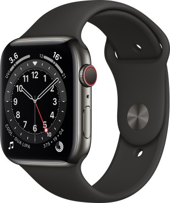 Apple Watch Series 6 GPS + Cellular 44 mm Graphite Stainless Steel Case with Black Sport Band  (Black Strap, Regular)