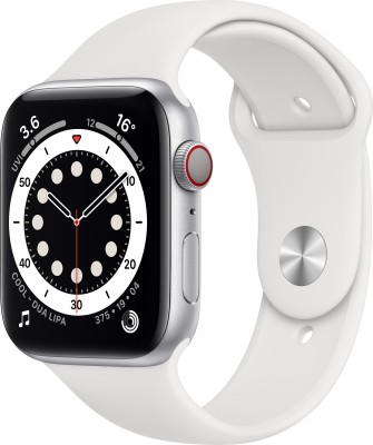 Apple Watch Series 6 GPS + Cellular 44 mm Silver Aluminium Case with White Sport Band  (White Strap, Regular)
