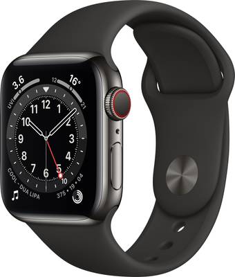 APPLE Watch Series 6 GPS + Cellular M06X3HN/A 40 mm Graphite Stainless Steel Case with Black Sport Band  (Black Strap, Regular)