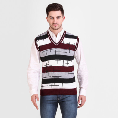 Fit N Fame Self Design V Neck Casual Men Maroon Sweater