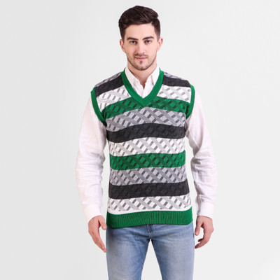 Fit N Fame Woven V Neck Casual Men Green Sweater