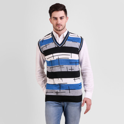 Fit N Fame Self Design V Neck Casual Men Light Blue Sweater