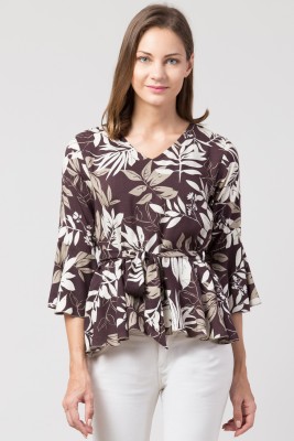 Hive91 Casual Ruffled Sleeve Floral Print Women Brown Top