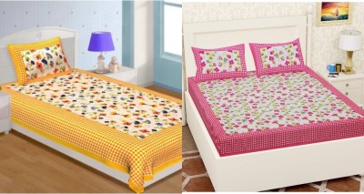 MSKS 144 TC Cotton Single, Double Printed Flat Bedsheet(Pack of 2, Yellow, Pink)
