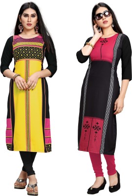Textile Fab Women Printed Straight Kurta(Black, Pink, Yellow)