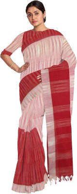 Balaram Saha Striped Handloom Pure Cotton Saree(Red)