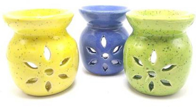 Bright Shop Floral Diffuser Set Ceramic Handmade Diffuser/Fragrance Pot Pack Of 3 Pot (Yellow,Green & Blue) For Home Decor And Gift Pack With 15ml Fragrance( 5 ml Each) Oil With 3 Tealight Candle(9 x 1.67 ml)