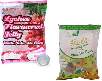 4Fruitz Jelly with Nata De Coco - Lychee Flavour 300g and Assorted Flavour -300 g (Imported) (Pack of 2) Assorted Jelly Candy(2 x 300 g)