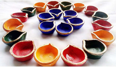BS NATURAL Clay Earthenware Decorative Handcrafted Multicolor Diya with Diya Bati Pottery (Pack of 21) Table Diya Set(Height: 2 inch)
