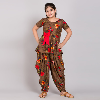 TINY TOON Girls Festive & Party Kurta and Patiala Set(Brown Pack of 1)