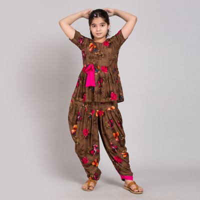 TINY TOON Girls Festive & Party Kurta and Patiala Set(Brown Pack of 1)