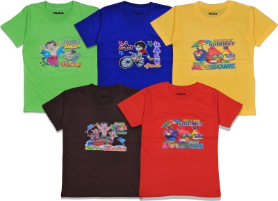 HUXX Boys & Girls Printed Cotton Blend T Shirt(Multicolor, Pack of 5)