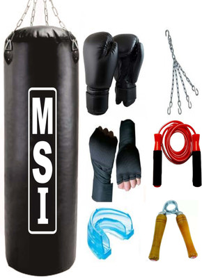 Monika Sports Senior Boxing Pack 3 Feet Unfilled Punching Bag + Pair of Boxing Gloves + Pair of Boxing handwrap + 1 Mouth Guard + 1 Hanging Chain + 1 Bearing Skipping Rope + 1 Wooden Handgrip Boxing Kit