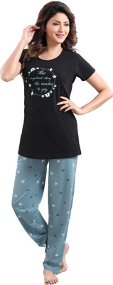 DZZO Women Printed Black Top & Pyjama Set