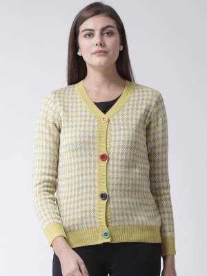 Club York Checkered V Neck Casual Women Yellow Sweater