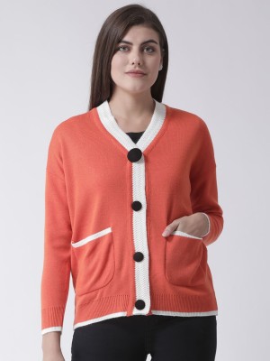 Club York Solid V Neck Casual Women Orange Sweater