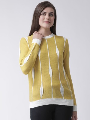 Club York Printed Round Neck Casual Women Yellow Sweater