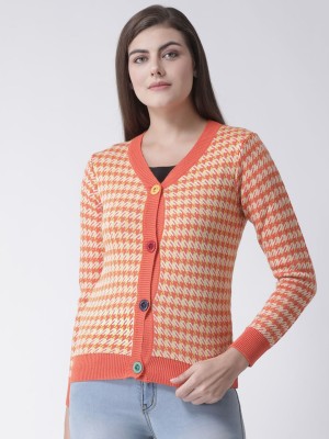 Club York Checkered V Neck Casual Women Orange Sweater