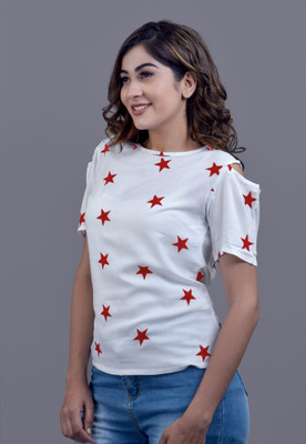 Unistreet Casual Cold Shoulder Printed Women Red, White Top