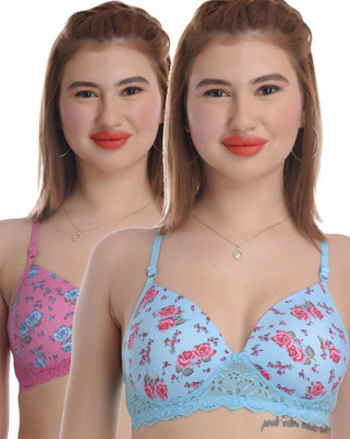 FIMS Printed_Padded_Packof2_Blue_Pink_36 Women Push-up Lightly Padded Bra(Blue, Pink)