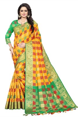 FABFIZA Embroidered, Woven, Checkered Banarasi Jacquard, Cotton Silk Saree(Yellow)