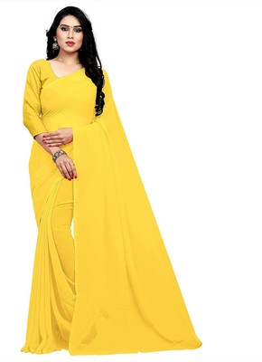 Dirgh Fashion Solid/Plain Bollywood Chiffon Saree(Yellow)