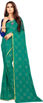 JV Fashion Printed Chanderi Chiffon Saree(Dark Green)