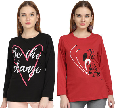 CHOZI Printed Women Round Neck Red, Black T-Shirt