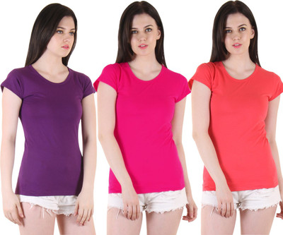 Famaya Solid Women Round Neck Multicolor T-Shirt
