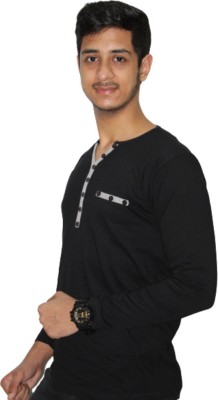 RACE Solid Men Henley Neck Black T-Shirt