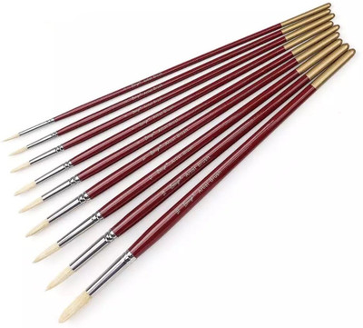 CHROME Long Handle White Bristle Hair Round Tip Artist Paint Brushes(Set of 9, Red)