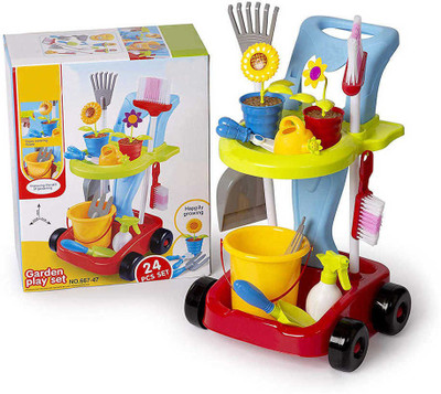 Varni 24pcs Garden and Housekeeping Toys with Leaf Rake, Watering Can, Gardening Hand Cultivator, Trowel,Shovel and Pretend Potted Flower