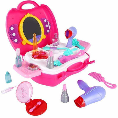 BATTLELAND Dream Fashion Set With Briefcase, Kids Pretend Play Beauty Salon Fashion Play Makeup kit and Cosmetic Toy Set with Hairdryer, Mirror & Hair Styling Accessories