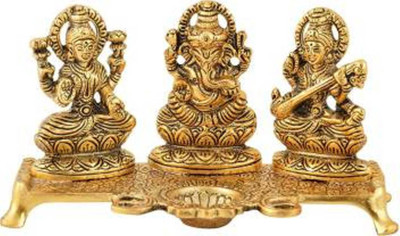 Decor and Art Metal Golden Oxidized Laxmi Ganesh Saraswati With Diya Sitting On Chowki For Pooja Purpose & Gifting Decorative Item Decorative Showpiece  -  11 cm(Metal, Gold)