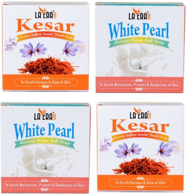 La Era Kesar Luxury Saffron Sandal Soap (Kesar goti) (2*100 gm) + White Pearl Cream Soft Milk Soap (2*100 gm) Pack of 4(4 x 100 g)