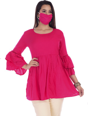 Fabriko Casual Bell Sleeve Solid Women Pink Top