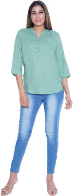 FABISHO Casual 3/4 Sleeve Solid Women Green Top