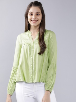 Tokyo Talkies Casual Full Sleeve Self Design Women Light Green Top