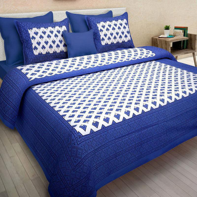 Aether 144 TC Cotton Queen Printed Flat Bedsheet(Pack of 1, Navy Blue)