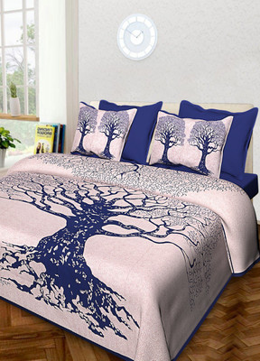 shree sd creation Cotton Queen Flat 144 TC Jaipuri Prints Bedsheet(Pack of 1, Blue)