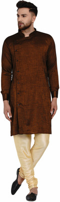 JIHUZUR Men Self Design Asymmetric Kurta(Brown)