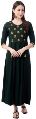 DESI ART Women Embroidered Flared Kurta(Dark Green)