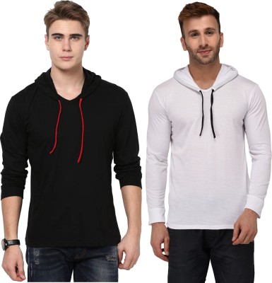 Adorbs Solid Men Hooded Neck White, Black T-Shirt