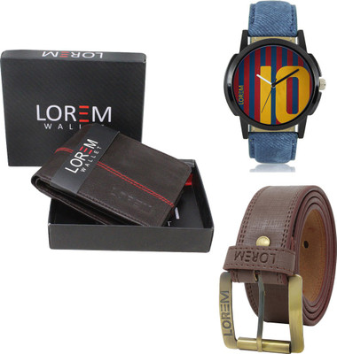 LOREM Belt, Wallet & Watch Combo(Black, Brown, Blue)