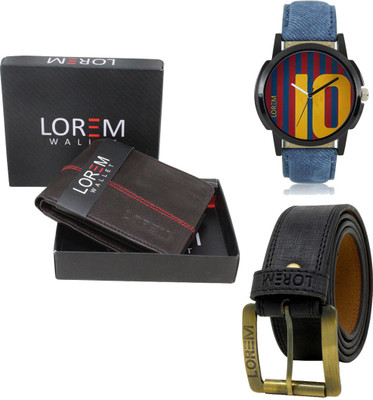 LOREM Belt, Wallet & Watch Combo(Black, Black, Blue)