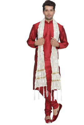 VM VM Men's Maroon Silk Blend Kurta, Pyjama & Dupatta Set Solid Sherwani