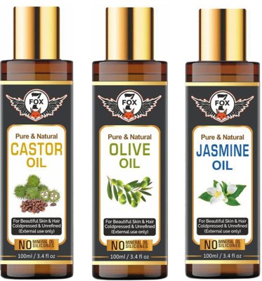 7 FOX Pure & Organic Cold Castor Oil & Extra Light Olive Oil & Jasmine Oil-100ml-Packof-3-Bottle- Combo- Hair Oil(300 ml)