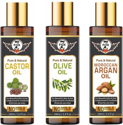 7 FOX Pure & Organic Cold Castor Oil & Extra Light Olive Oil & Argan Oil-100ml-Packof-3-Bottle- Combo- Hair Oil(300 ml)