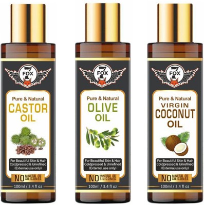 7 FOX Pure & Organic Cold Castor Oil & Extra Light Olive Oil & Coconut Oil-100ml-Packof-3-Bottle- Combo- Hair Oil(300 ml)